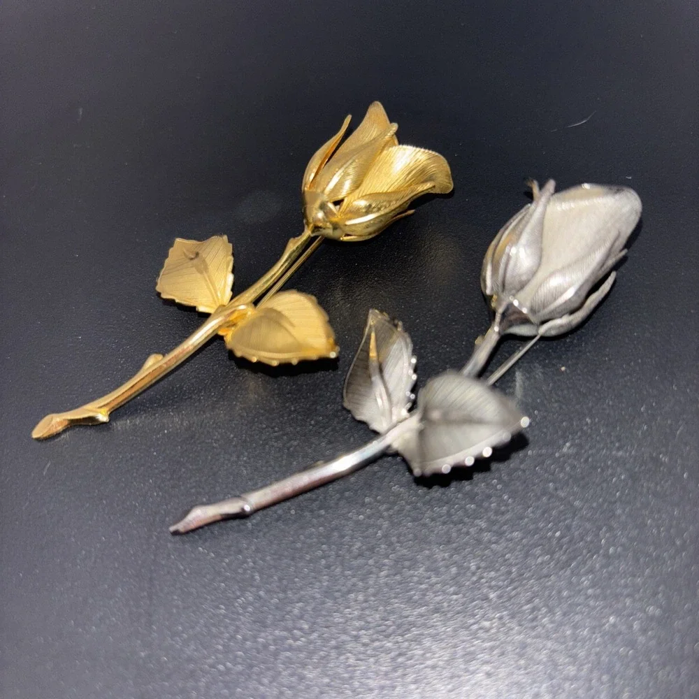 2‎ Vintage Giovanni Brushed Gold Tone And Silver Tone Brooches Long Stem Rose 3